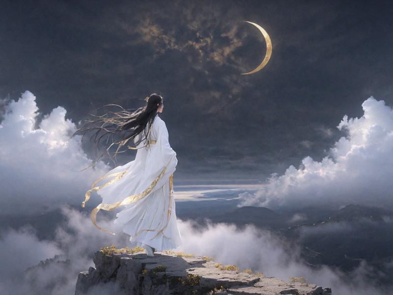 12614-3900732177-In the vast and empty sky,a white figure is slowly walking on a cloud. She is dressed in a white and gold Hanfu,her long hair fl.png